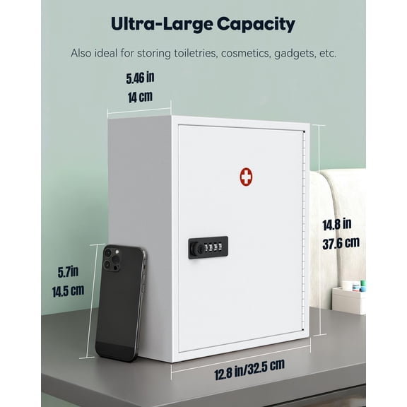 Wall Mount Medicine Cabinet with Combination & Key Lock Locking First Aid Cabinet Lockable Medical Cabinet Large Capacity Medicine Organizer Secure Steel Wall Cabinet Metal Storage Box, White