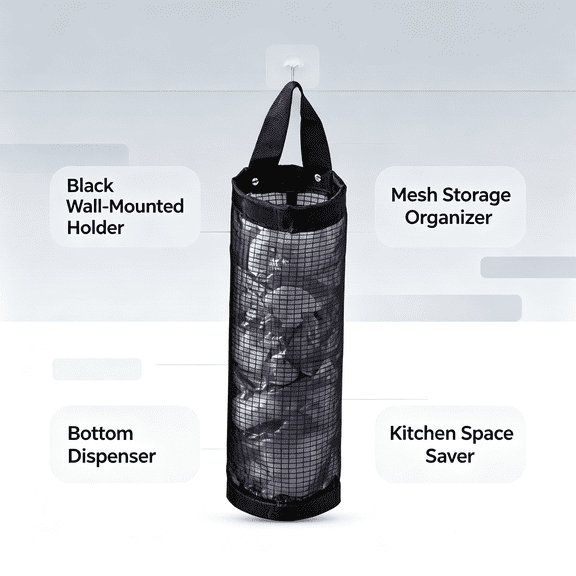 Wall Mount Mesh Plastic Bag Holder, Hanging Grocery Bag Dispenser, Kitchen Garbage Bag Storage Organizer, Black 1pc