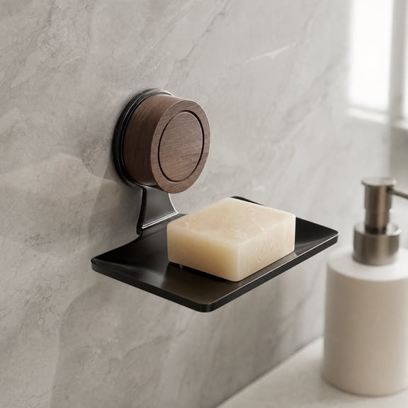 Wall Mount Metal Soap Holder with Suction Cup, No Drill Drainage Soap Tray with Imitation Wood Grain Decor for Bathroom Shower