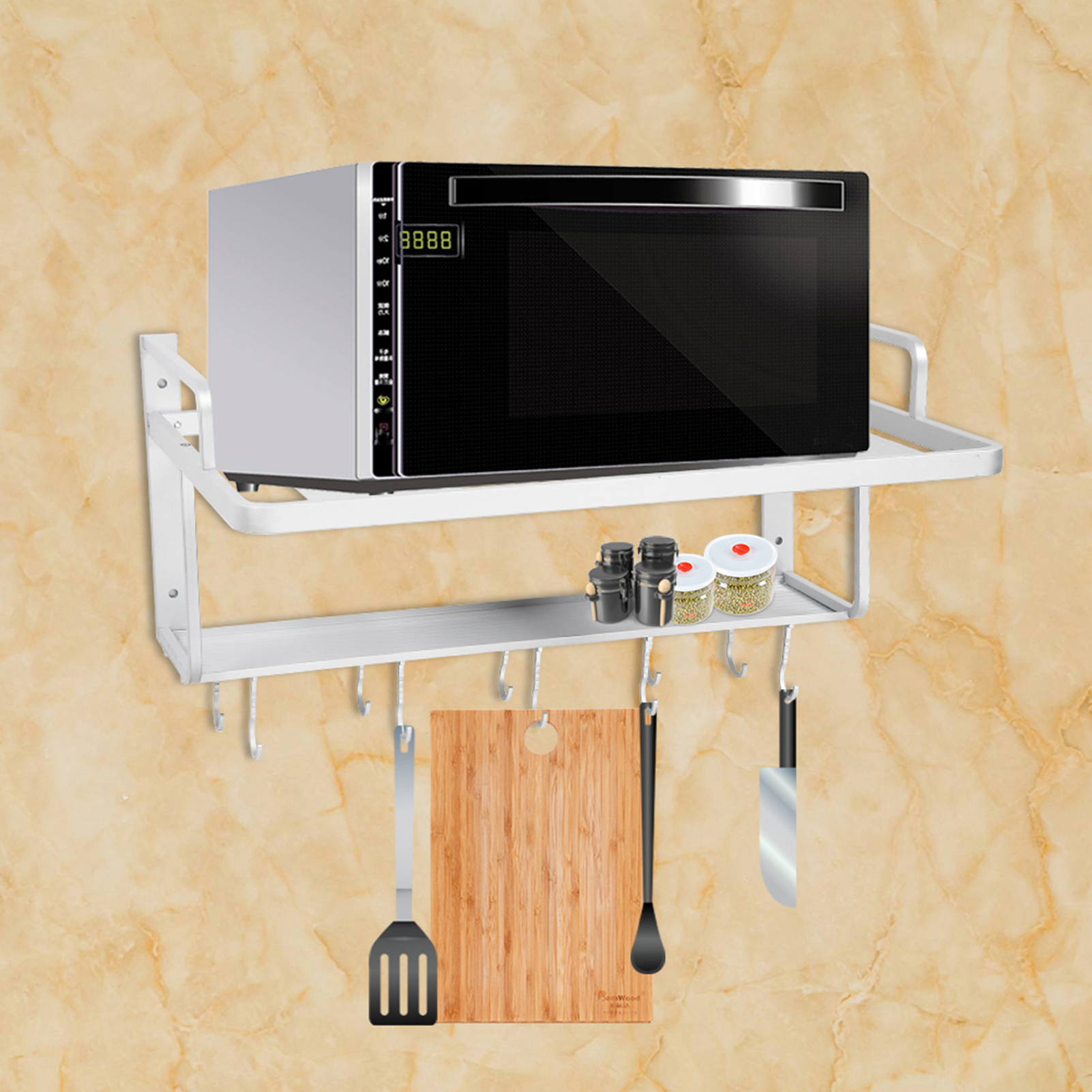 Wall Mount Microwave Oven Rack Space Aluminum Double Layers Hanging