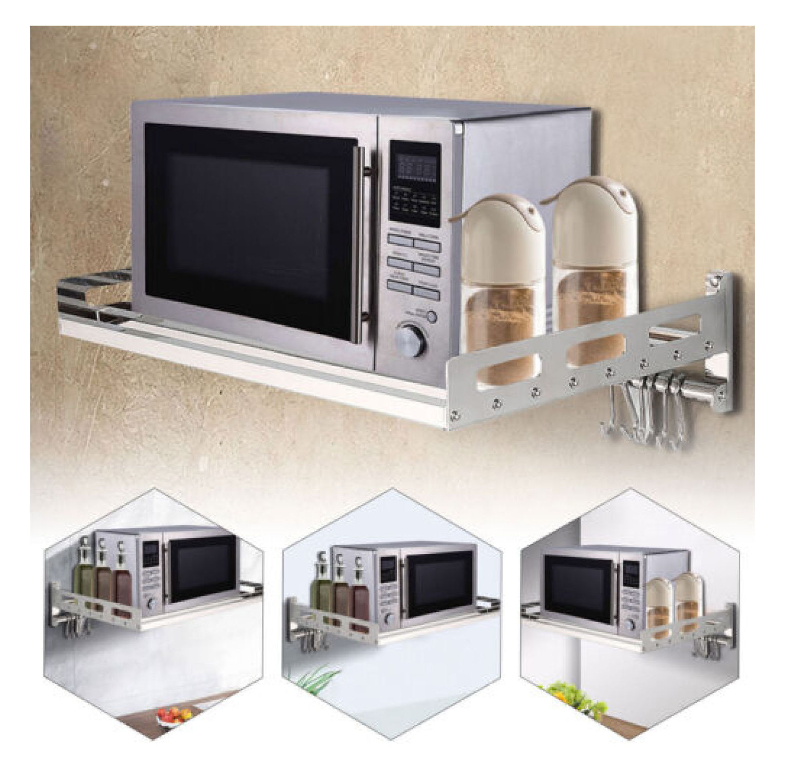 Wall Mount Microwave Oven Shelf Kitchen Item Storage Bracket W/12Hooks