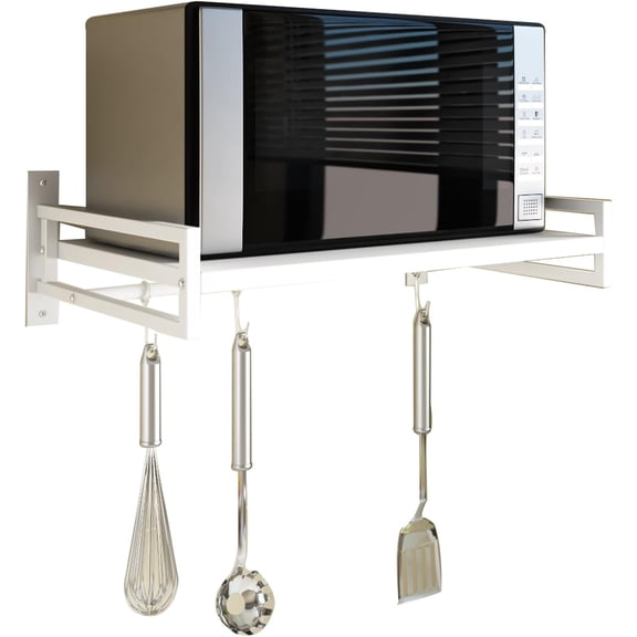 Wall Mount Microwave Oven Shelf Rack, White Carbon Steel Counter Countertop Holder with Hook Rail and 3 Slidable Hooks for Kitchen Home