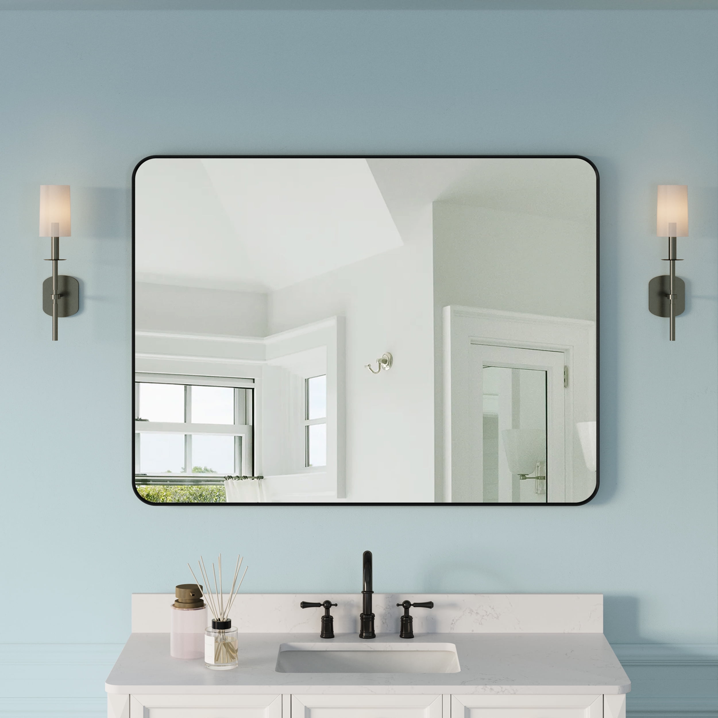 FORCLOVER 48 x 36 Inch Matte Black Bathroom Wall Mirror Vanity Metal ...