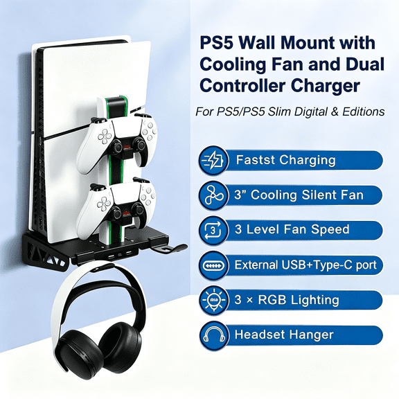 Wall Mount for PS5/PS5 Slim with Cooling Fan & Dual Controller Charger, 3-Speed Quiet Fans, RGB Lights, Headset Holder, USB & Typ-C Ports, Heavy-Duty Metal Bracket, Fast Charging