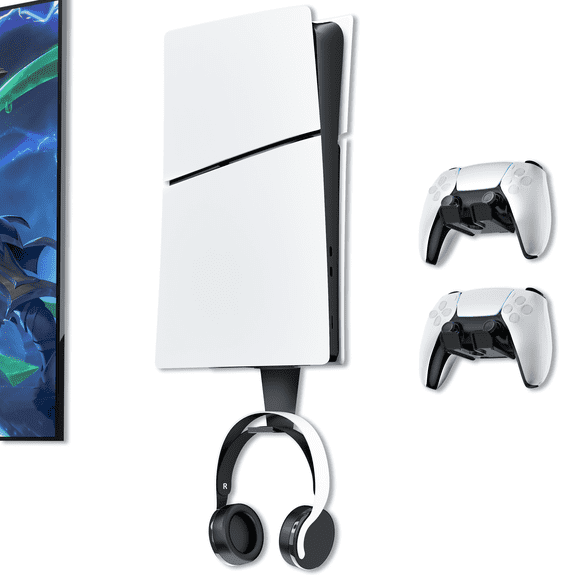 Wall Mount for PS5/PS5 Slim/PS5 Pro Console-, Heavy-Duty Steel Bracket for All PS5 Models(Digital and Disc),Sturdy and Not Fall Off,+1Controller Headphone Holder,Black