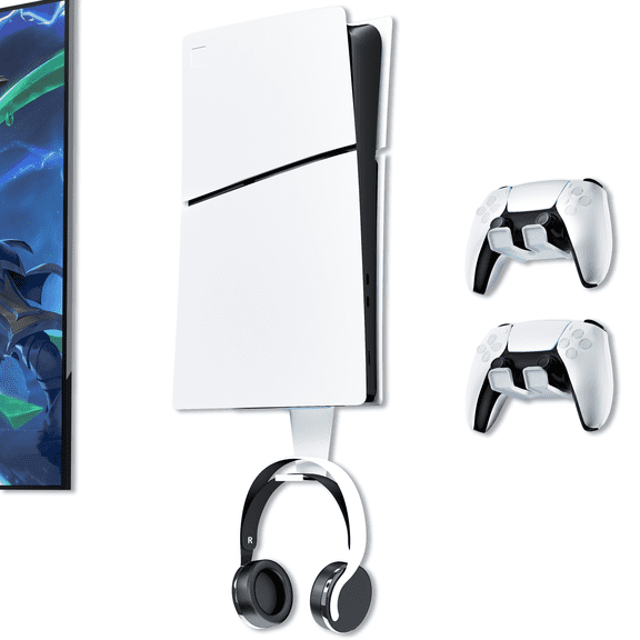 Wall Mount for PS5/PS5 Slim/PS5 Pro Console, Heavy-Duty Steel Bracket for All PS5 Models(Digital and Disc),Sturdy and Not Fall Off,+1Controller Headphone Holder,White