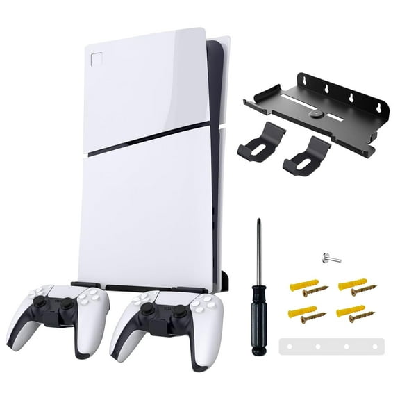 Wall Mount for PS5 Slim Stand with 2 Removable Controllers Holders, Sturdy Floating Your New P5 on Wall with Screw Fixing, For P5 Slim Wall Mount Kit Behind TV Gaming Shelf for Wall