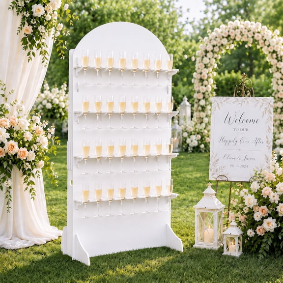 BERPET White PVC Champagne Wall Stand, 5.9 ft Freestanding Champagne Glass Display, Holds 32 Flutes for Wedding Reception and Party