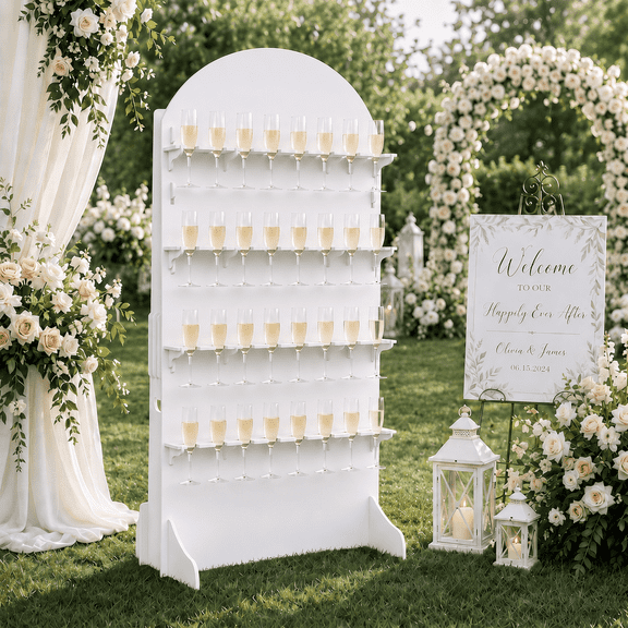 BERPET White PVC Champagne Wall Stand, 5.9 ft Freestanding Champagne Glass Display, Holds 32 Flutes for Wedding Reception and Party