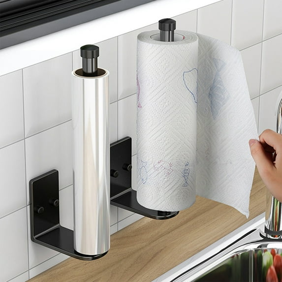 Wall Mount Paper Towel Holder Dispenser, No Drill Adhesive Kitchen Roll Paper Organizer, Under Cabinet Storage Rack for Foil and Plastic Wrap(Black,A)