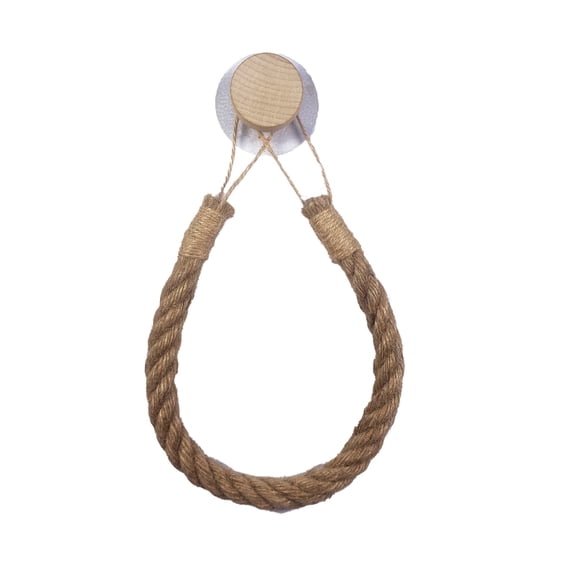 Wall Mount Paper Towel Holder - Polyester Rope and Wood Knob Teardrop Shape Towel Rack for Kitchen Bathroom Rv Small Apartment Farmhouse Rustic Style Compact Space-Saving Ornament