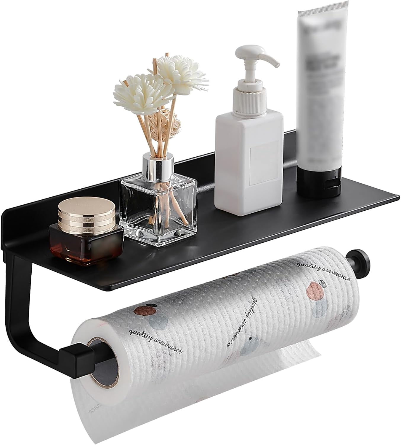 Wall Mount Paper Towel Holder with Shelf for Bathroom/Kitchen, Adhesive Hand Towel Holder, Matte Black