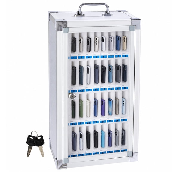 Wall Mount Phone Locker Cabinet, Lockable Aluminum Alloy Mobile Phone Storage Box with 36 Slots, Keyed Phone Organizer for School, Office, Classroom, Silver