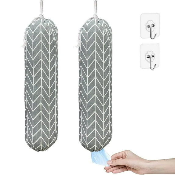 Wall Mount Plastic Grocery Bag Organizer/Holder, Washable Shopping Bags Carrier, Storage Dispenser for Home Kitchen Travelling, Free Adjustment with Drawstring, 2 Pcs(Gray)