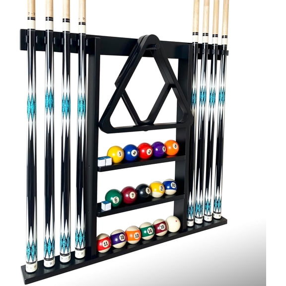 Wall Mount Pool Cue Stick Holder, Black Solid Wood Rack for 8 Cues