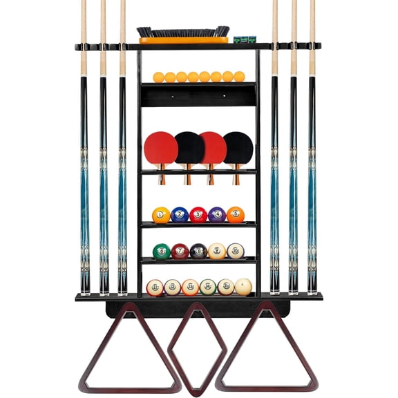Wall Mount Pool Stick Holder 2 in 1 Pool Stick & Ping Pong Paddle Holder Solid Wood Cue Rack with Storage for Pool Table Accessories Black Finish