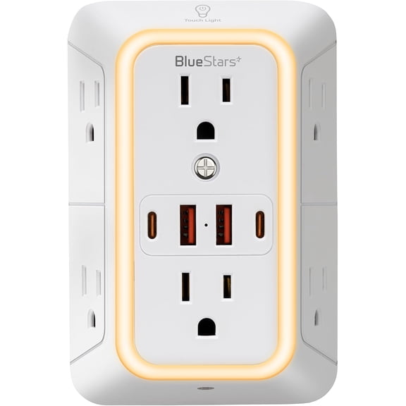 Wall Mount Power Strips Wall Charr 6 Outlet Extender 4 USB Ports (5V, 2.4A, 12W) and Night Light 3-Sided Power Strip with Adapter Spaced Outlets - Multi Plug Outlet Sur Protector for Home Office
