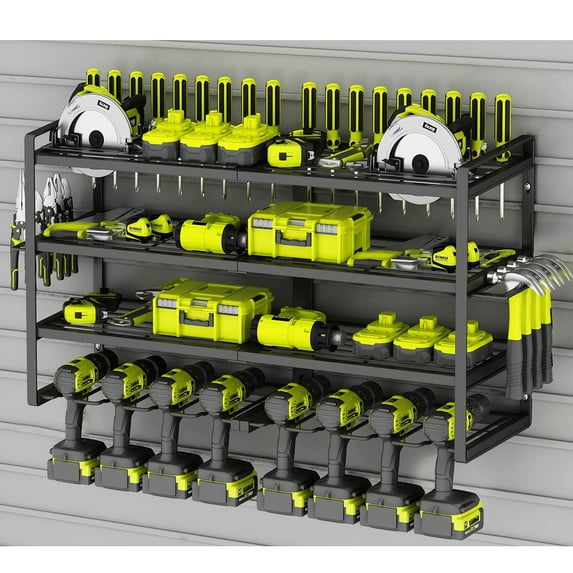 Wall Mount Power Tool Organizer 8 Drill Holder,4 Layer Heavy Duty Metal Power Tool Storage Rack,Garage Tool Organizer and Storage with Screwdriver Holder/Plier Holder/Hammer Holder