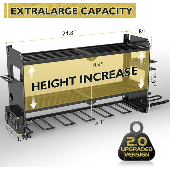 Wall Mount Power Tool Organizer with 5 Outlet Charging Station, Heavy Duty Metal Storage Rack for Garage