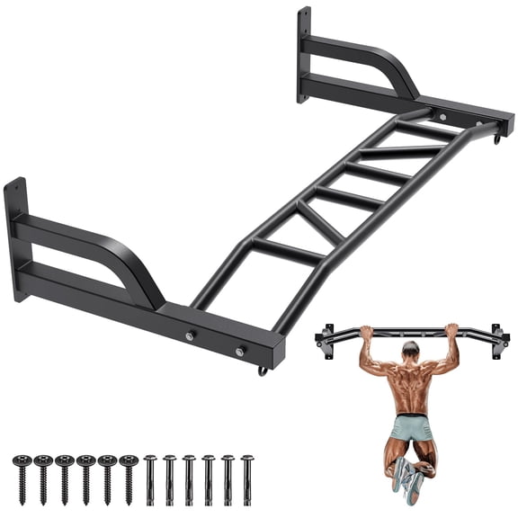 Wall Mount Pull Up Bar, Chin Up Training Station With Cable Pulley System, Home Gym Garage Fitness Workout, Multi Grip Heavy Duty Steel Rack, Modern Industrial Utility Style, Matte Black, One Set