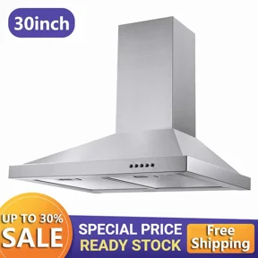 Wall Mount Range Hood 30 inch Stainless Steel Vent Hood w/ 3 Speeds Push Button Controls 450 CFM Stainless Steel Chimney-Style Over Stove Vent Hood with LED Light