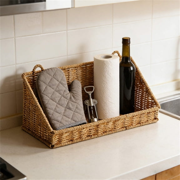 Wall Mount Rattan Storage Basket Handwoven Faux Wicker Shelf Organizer Coffee Plastic Bathroom Supply Holder