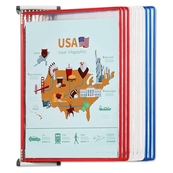 Wall Mount Reference System - Letter Size - 10 Pocket Document Holder - Steel Wire Frame - Adjustable Tabs - Durable PVC - USA Flag