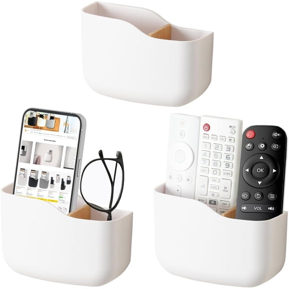 Wall Mount Remote Control Holders 3 Pack Adhesive Media Player Controller Holder Universal TV Remote Organizer  Box Tray Hollow Bottom Phone   Office Desk Nightstand White