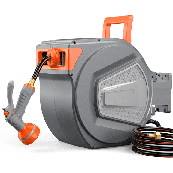 Retractable Garden Hose Reel 65ft, Wall Mount Auto-Rewind Water Hose Reel with 1/2" Anti-Kink Hose, 180° Swivel, Any-Length Lock, 9-Pattern Nozzle for Outdoor Yard & Patio