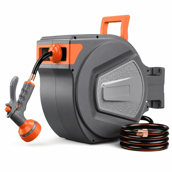 Retractable Garden Hose Reel 65ft, Wall Mount Auto-Rewind Water Hose Reel with 1/2" Anti-Kink Hose, 180° Swivel, Any-Length Lock, 9-Pattern Nozzle for Outdoor Yard & Patio