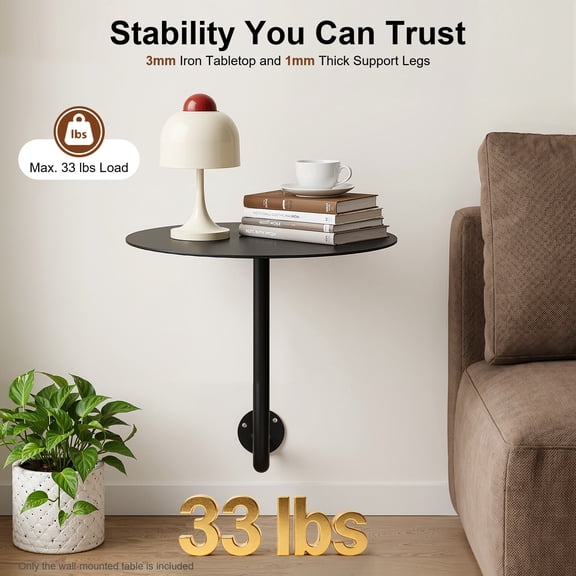 Wall Mount Round Iron Floating Side Table With 40cm Tabletop, Space Saving End Desk For Bistro Cafe Restaurant And Indoor Living Space Furnishing