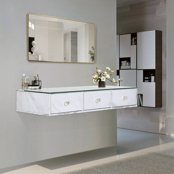 Wall Mount Salon Station Barber Cabinet with Drawers, Glass Top, Hair Styling Storage Table, White