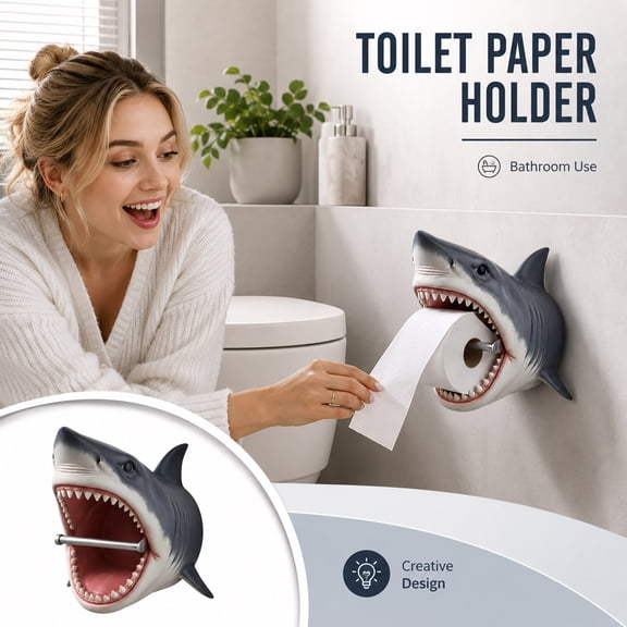 Wall Mount Shark Toilet Paper Holder,Realistic 3D Great White Shark Head Bathroom Tissue Roll Dispenser,Funny Ocean Coastal Bathroom Decor Gift