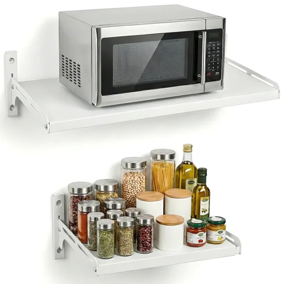 Wall Mount Shelf Rack Expandable for Microwave Oven Kitchen Home Adjustable Snap-in Detachable Bracket Holder with 4 Hooks