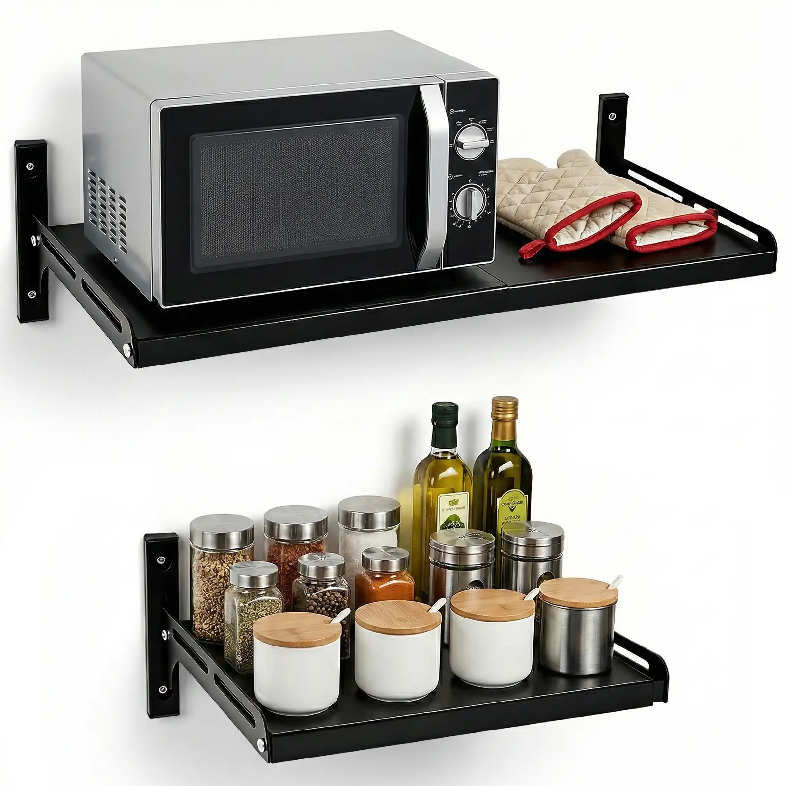 Wall Mount Shelf Rack Expandable for Microwave Oven Kitchen Home Adjustable Snap-in Detachable Bracket Holder with 4 Hooks