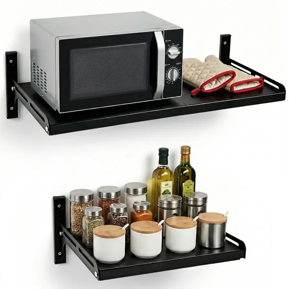 Wall Mount Shelf Rack Expandable for Microwave Oven Kitchen Home Adjustable Snap-in Detachable Bracket Holder with 4 Hooks