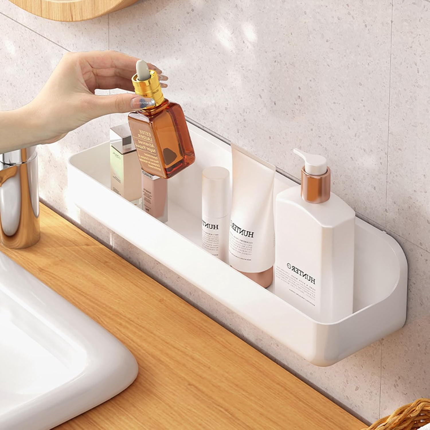 Wall Mount Shower Caddy Hanging - No Drill Bathroom Shelves with Self Adhesive Tape, Shower Organizer and Storage Shelf for Bathroom, Kitchen, Utility Room (long basket)