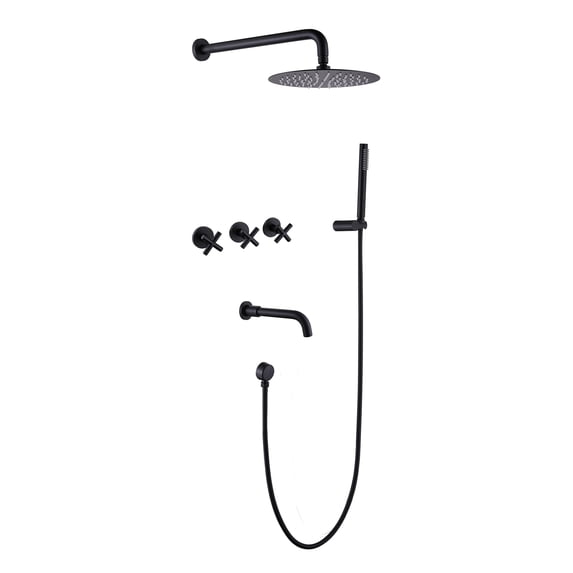 Wall Mount Shower Faucet Set with 360 Degree Rotatable Tub Spout and 3-Cross Handles with Rough-in Valve
