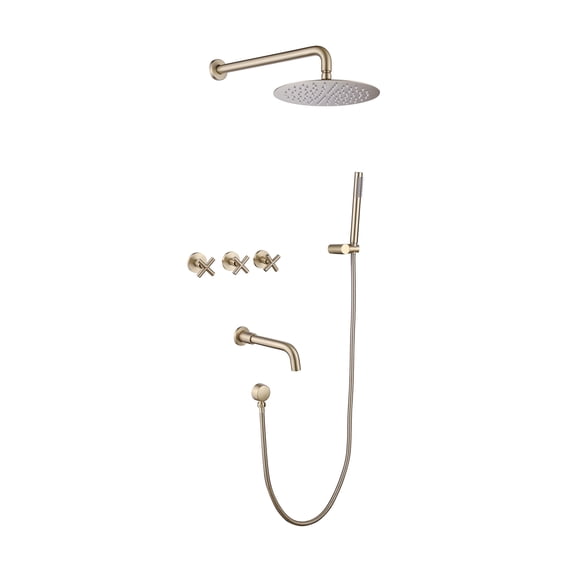 Wall Mount Shower Faucet Set with 360 Degree Rotatable Tub Spout and 3-Cross Handles with Rough-in Valve