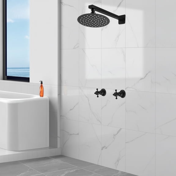 Wall Mount Shower Set, Brass Matte Black Rainfall Shower Faucet System with 360 Swivel Overhead Shower Head - Dual Handle Wall Mounted Shower Fixture for Bathroom, Hotel