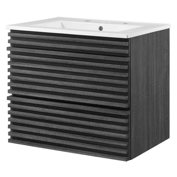 Wall Mount Sink Vanity Cabinet, Dark Grey Gray White, Wood, Mid Century Hotel Bedroom Bathroom, Modern Contemporary HB33370