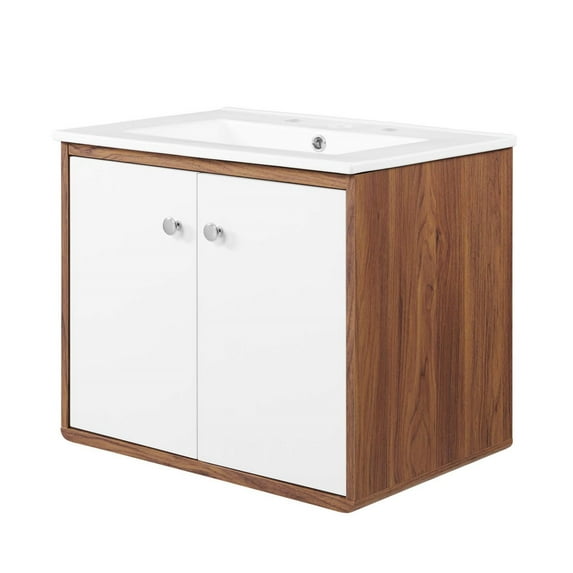 Wall Mount Sink Vanity Cabinet, Walnut White, Wood, Mid Century Hotel Bedroom Bathroom, Modern Contemporary HB33369