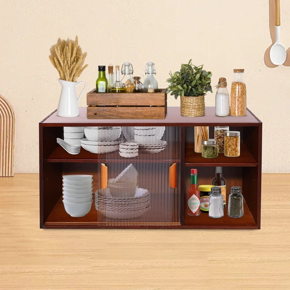 Wall Mount Small Kitchen Cupboard Food Pantry Cabinet Countertop Kitchen Pantry Cabinet Wall Sideboard with Glass Doors,Walnut Color