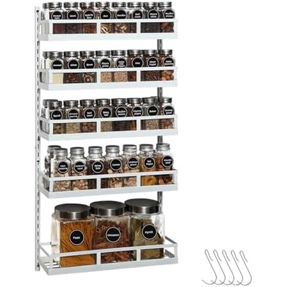 Wall Mount Spice Rack Organizer 5 Tier Height-Adjustable Hanging Spice Shelf Storage for Kitchen Pantry Cabinet Door, Dual-Use Seasoning Holder Rack with Hooks, White