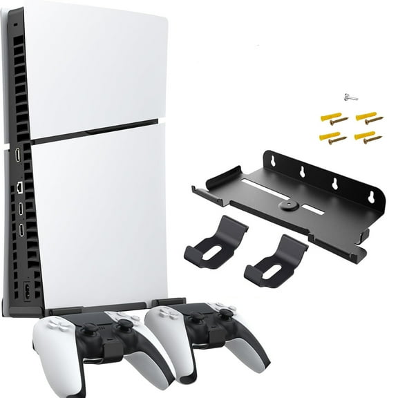 Wall Mount Stand for PS5 Slim Disc & Digital Edition,with 2 Removable Controller Holder, Screw Fixing