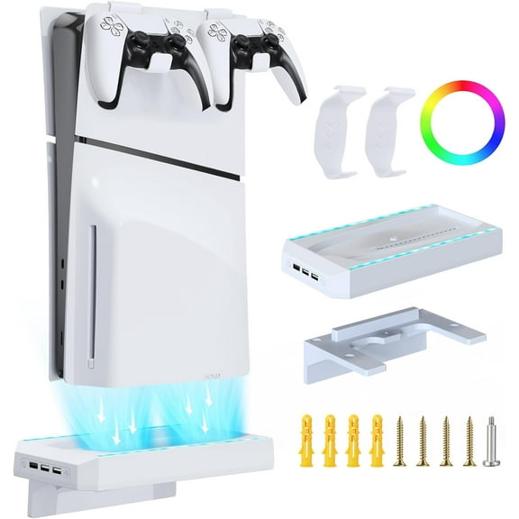 Wall Mount Stand for PS5 Slim,Vertical Stand pour PS5 Slim Digital & Disc Edition Console,with 8 RGB Lights LED & 3xUSB & Controller hanger