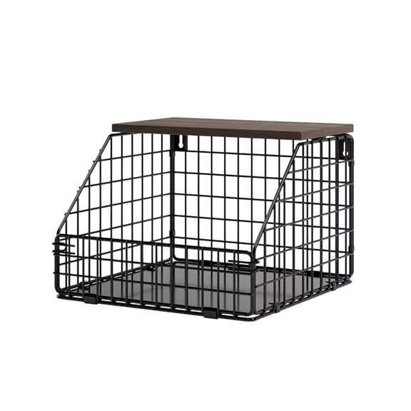 Wall Mount Storage Basket, Slant Front Metal Organizer, Wooden Top Panel, Open Visible Storage Design, Hanging Installation, Solid Metal Base, Space Saving Storage Organizer