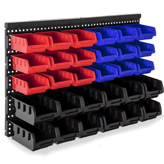 Wall Mount Storage Bins, Garage Parts Organizer, 30-Piece for Garage,Screws, Nuts, Bolts, Small Hardware Parts ,Red Black Blue