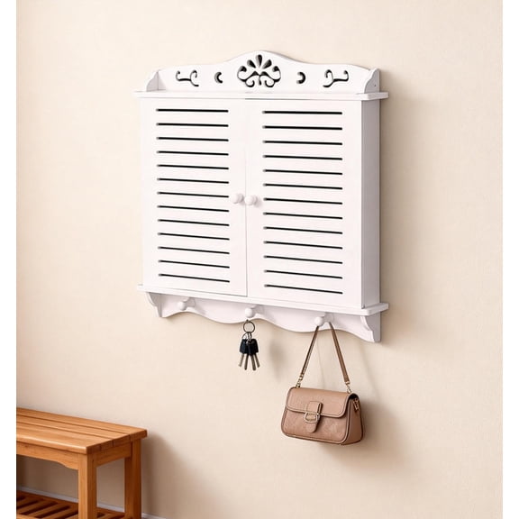 Wall Mount Storage Cabinet | Router Shelf with Cable Management | White Wooden Box for Power Strip Hider & Desktop Organization | 35X30Cm Floating Shelves Unit