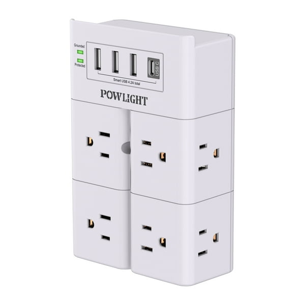 Wall-Mount Surge Protector - 8 AC Outlets and 4 USB (1 USB-C), Smart Charging, Space-Saving Plug Extender for Home, Office, ETL Listed